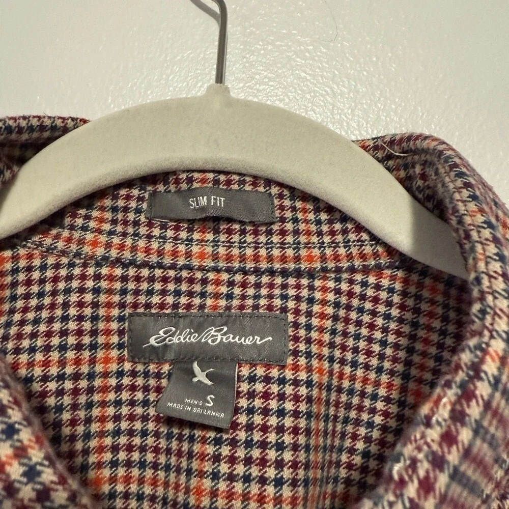 Eddie Bauer Mens Slim‎ Fit Houndstooth Button Down Shirt Small Burgundy Navy S